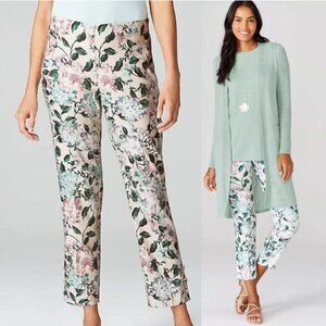 NWT J.JILL Linen Stretch Ankle Button Detail Pants Floral Oatmeal Cream Size MP